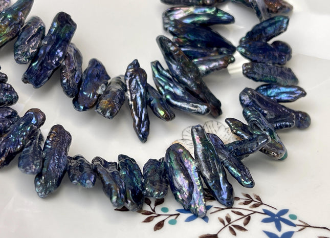 7-10x18-37 mm Dark Blue Peacock Biwa Stick Freshwater Pearl Beads Genuine Cultured Center Drilled Biwa Freshwater Pearl Beads #P3191