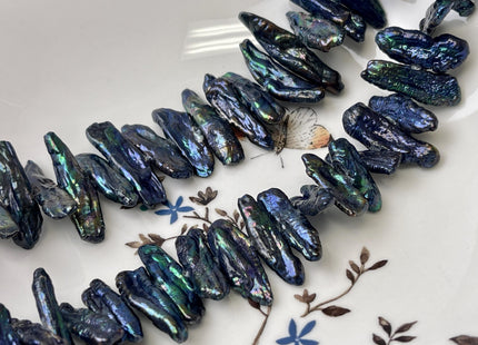 7-10x18-37 mm Dark Blue Peacock Biwa Stick Freshwater Pearl Beads Genuine Cultured Center Drilled Biwa Freshwater Pearl Beads #P3191