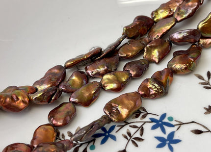 10x13-15 mm AA Copper Brown With Iridescent Gold Green Color Keshi Freshwater Pearl Beads Flat Nugget High Luster Nugger Keshi Pearls #1496
