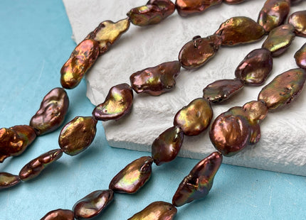 10x13-15 mm AA Copper Brown With Iridescent Gold Green Color Keshi Freshwater Pearl Beads Flat Nugget High Luster Nugger Keshi Pearls #1496