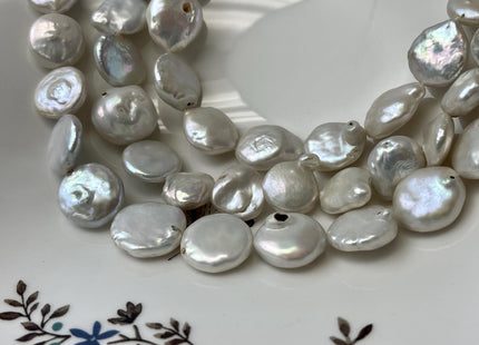 13-15 mm Natural White Large Coin Freshwater Pearl Beads Genuine Large Irregular Flat Coin Beads C Grade #P3208