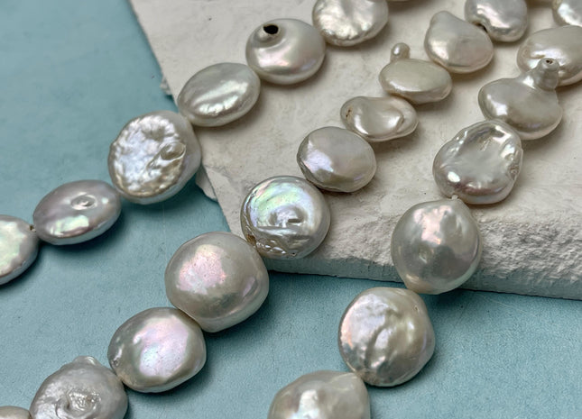 13-15 mm Natural White Large Coin Freshwater Pearl Beads Genuine Large Irregular Flat Coin Beads C Grade #P3208