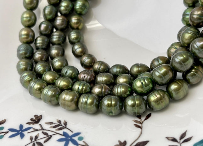 8.5-9x10 mm Dark Forest Green Color Freshwater Rice/Oval Pearls Genuine Dark Forest Green Rice/Oval Freshwater Pearls #P3203