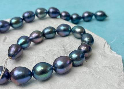 11.5-12x15 mm AA Blue Rainbow Peacock Color Teardrop Oval/Rice Freshwater Pearl Genuine High Quality/Luster Peacock Long Oval Pearl #P3222