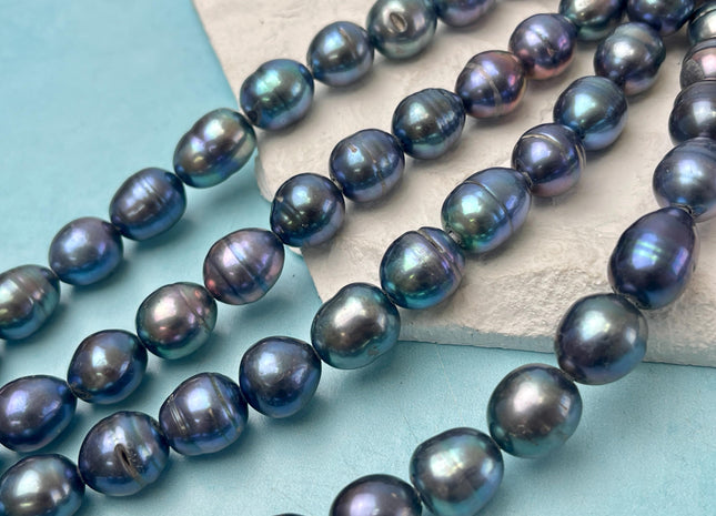 11-12x12-14 mm Large Hole Half Strand Peacock Rice Freshwater Pearl Beads Genuine Freshwater Rice Shape Hole Size 1.2mm 1.5mm 2.1mm #P3223
