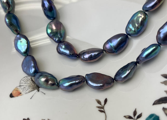 11-13x17-20mm AA High Luster Dark Rainbow Peacock Color Long Keshi Freshwater Pearl Beads Genuine Peacock Natural Keshi Nugget Pearls #P3224