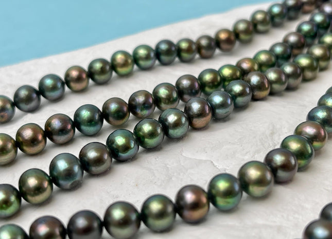 7 mm AA Olive Green Color Off Round Freshwater Pearl Beads Genuine High Luster Green Round Pearls 62 Beads #P3238