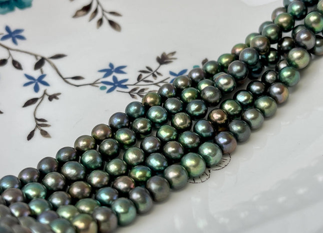 7 mm AA Olive Green Color Off Round Freshwater Pearl Beads Genuine High Luster Green Round Pearls 62 Beads #P3238