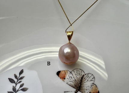 One-Of-A-Kind 15mm AAA Very Rare Natural White Mauve Peacock Edison Pearl With Iridescent Gold Sheen 14K Or 18K Solid Gold Pendant #PD0003