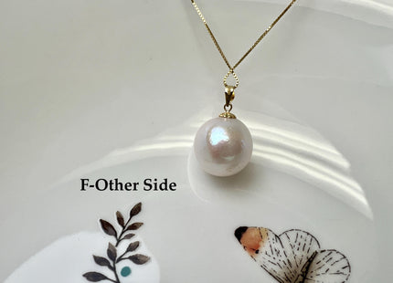 One-Of-A-Kind 15mm AAA Very Rare Natural White Mauve Peacock Edison Pearl With Iridescent Gold Sheen 14K Or 18K Solid Gold Pendant #PD0003