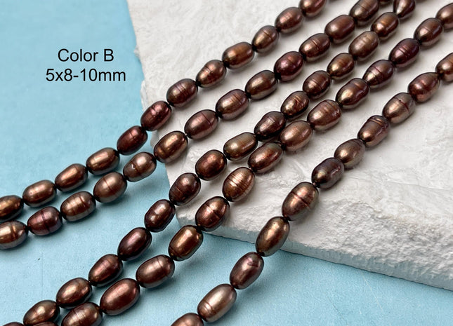 5.5-6x7-10 mm Copper Brown Orange Champagne Purple Color Freshwater Rice/Oval Pearls Genuine Rice Pearl Beads #P3244