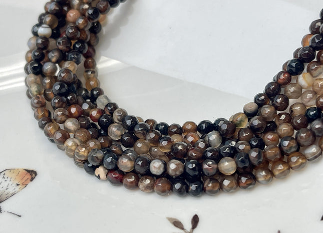 4mm Faceted Round Coffee Brown Agate Gemstone Beads #4751