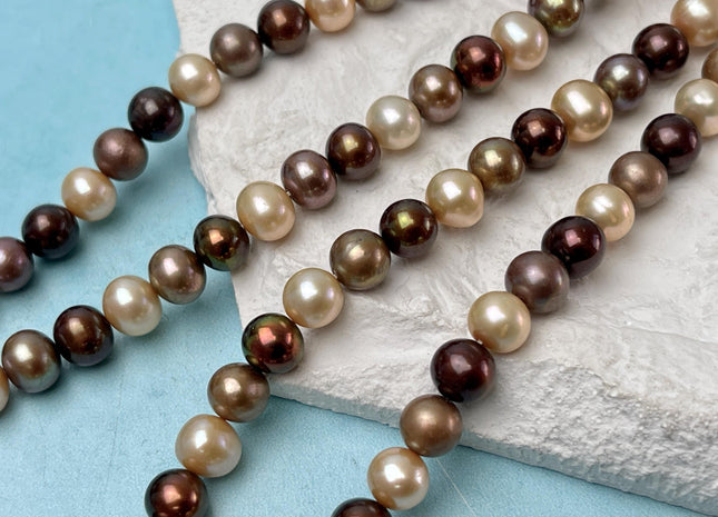 7.5-8 mm AA Mixed Color Off Round Freshwater Pearl Mixed Beige Brown Color Genuine Freshwater Pearl 58 Beads #P3263