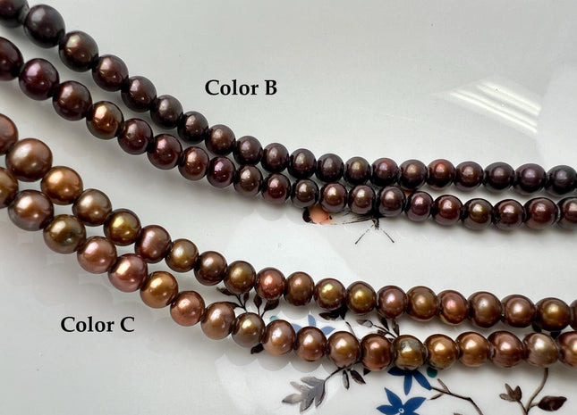 7-8 mm AA Large Hole Off Round Freshwater Pearl Beads Dark Chocolate Copper Brown Color Hole Size 2.1 mm 55 Beads #192