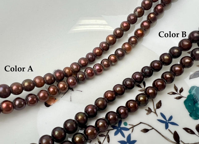 7-8 mm AA Large Hole Off Round Freshwater Pearl Beads Dark Chocolate Copper Brown Color Hole Size 2.1 mm 55 Beads #192