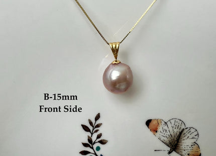 One-Of-A-Kind 15mm AAA Very Rare Natural White Mauve Peacock Edison Pearl With Iridescent Gold Sheen 14K Or 18K Solid Gold Pendant #PD0003