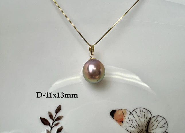 One-Of-A-Kind 15mm AAA Very Rare Natural White Mauve Peacock Edison Pearl With Iridescent Gold Sheen 14K Or 18K Solid Gold Pendant #PD0003