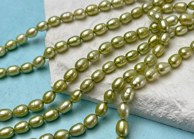 5.5-6x8-9 mm AA Rice/Oval Freshwater Pearl Beads Lime Green Color Genuine High Luster Freshwater Pearls #P3255