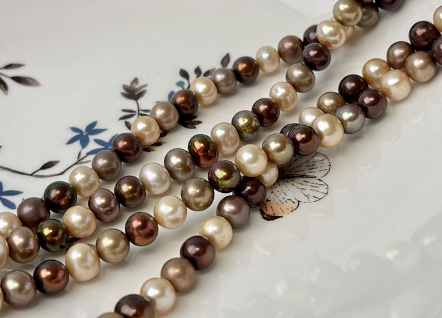 7.5-8 mm AA Mixed Color Off Round Freshwater Pearl Mixed Beige Brown Color Genuine Freshwater Pearl 58 Beads #P3263