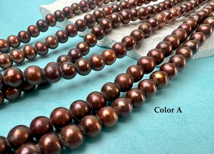 7-8 mm AA Large Hole Off Round Freshwater Pearl Beads Dark Chocolate Copper Brown Color Hole Size 2.1 mm 55 Beads #192