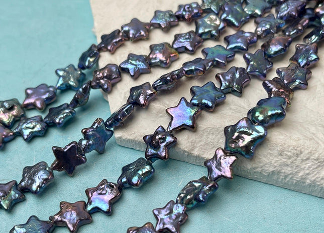 10 mm AAA Very Rare Rainbow Blue Peacock Star Shape Freshwater Coin Pearl Beads Genuine High Luster Star Coin Pearls 18 Beads #P3272
