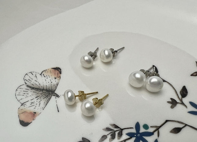 Genuine Natural White Freshwater Pearl Stud Earring .925 Sterling Silver/Gold Filled Earring 5-10mm Button Round Bridal Earrings #ER0002