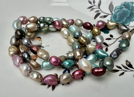 32/40/54/64/72 Inches 8x10mm Mixes Pink Blue Green Peacock Gold Natural White Color Hand Knotted Rice Nugget Long Pearl Necklace