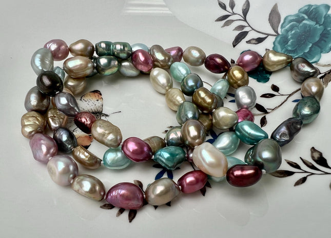 32/40/54/64/72 Inches 8x10mm Mixes Pink Blue Green Peacock Gold Natural White Color Hand Knotted Rice Nugget Long Pearl Necklace