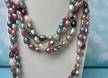 32/40/54/64/72 Inches 8x10mm Mixes Pink Blue Green Peacock Gold Natural White Color Hand Knotted Rice Nugget Long Pearl Necklace