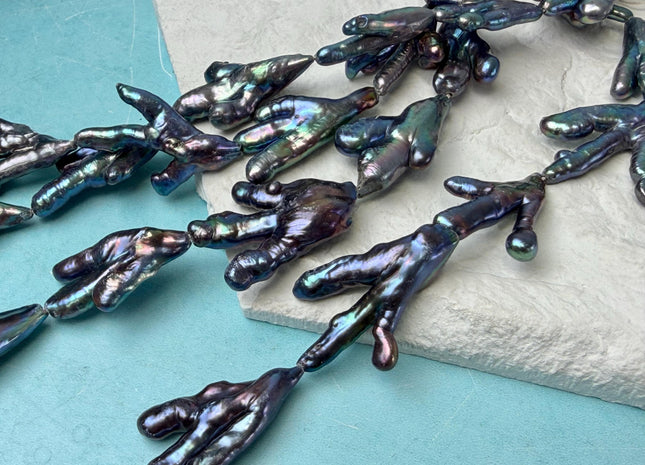 AAA Rare Chicken Feet Shape Genuine Freshwater Pearl Beads Rainbow Peacock Color, High Luster Limited Biwa Pearl Beads 12 Beads #P3276