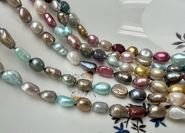 32/40/54/64/72 Inches 8x10mm Mixes Pink Blue Green Peacock Gold Natural White Color Hand Knotted Rice Nugget Long Pearl Necklace