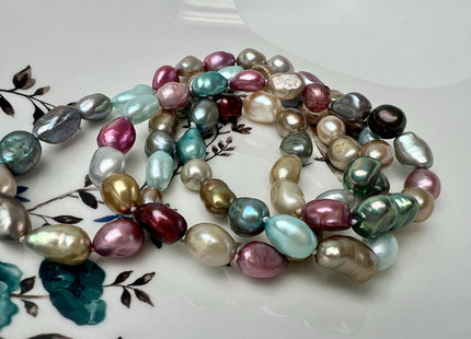 32/40/54/64/72 Inches 8x10mm Mixes Pink Blue Green Peacock Gold Natural White Color Hand Knotted Rice Nugget Long Pearl Necklace