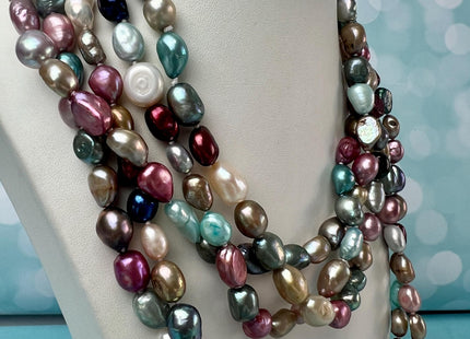 32/40/54/64/72 Inches 8x10mm Mixes Pink Blue Green Peacock Gold Natural White Color Hand Knotted Rice Nugget Long Pearl Necklace