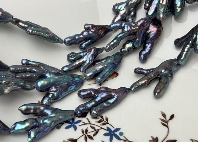 AAA Rare Chicken Feet Shape Genuine Freshwater Pearl Beads Rainbow Peacock Color, High Luster Limited Biwa Pearl Beads 12 Beads #P3276