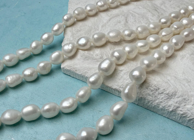 7-7.5x8-9 mm AA Natural White Rice/Oval Nugget Freshwater Pearl Beads #P3294