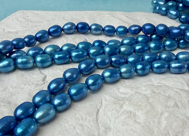 6x8 mm Electric Blue Color Rice Oval Freshwater Pearl Beads #P3295