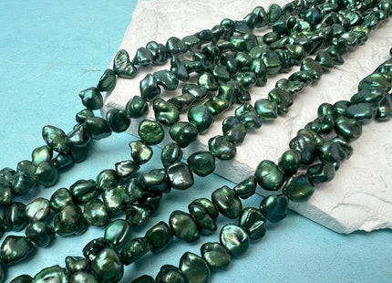 8-9x9-10 mm AA Dark Forest Green Color Keshi Freshwater Nugget Pearl Beads Center Drilled Keshi Nugget Genuine Green Freshwater Pearl #P2025