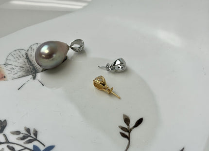 One Piece 925 Sterling Silver/Gold Pendant Setting Findings For Half Drilled Pearls #10380