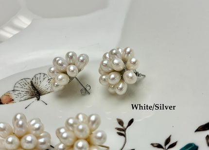 Genuine Natural White Freshwater Pearl Stud Earring .925 Sterling Silver Cluster Earring Posts Pearl Earrings Bridal Earrings #10047-A