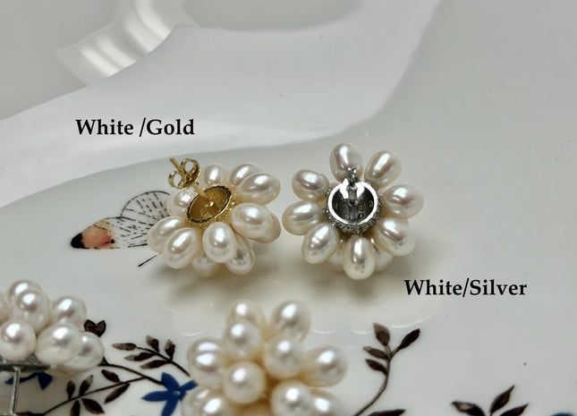 Genuine Natural White Freshwater Pearl Stud Earring .925 Sterling Silver Cluster Earring Posts Pearl Earrings Bridal Earrings #10047-A