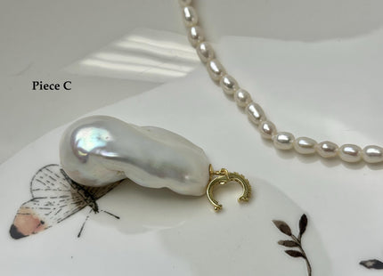 One-Of-A-Kind 13-21x26-34 mm Rare Natural White/Pink/Peacock Baroque Edison Pearl With .925 Sterling Silver/Gold Snap On Pendant #PD0008