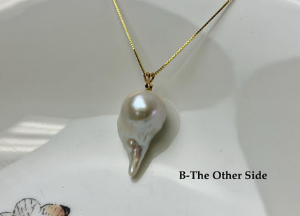 One-Of-A-Kind 15-30 mm AAA Very Rare Natural White Mauve Peacock Edison Pearl With Iridescent Gold Sheen 14K Solid Gold Pendant #PD0009