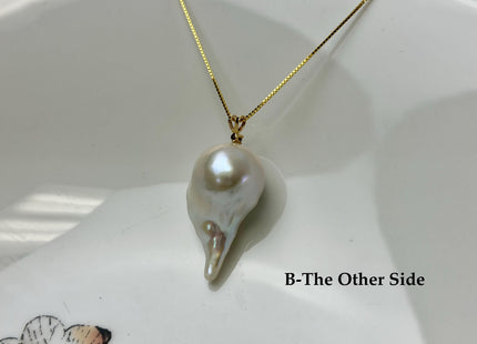 One-Of-A-Kind 15-30 mm AAA Very Rare Natural White Mauve Peacock Edison Pearl With Iridescent Gold Sheen 14K Solid Gold Pendant #PD0009