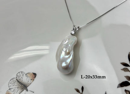 One-Of-A-Kind 11-25 mm Rare Natural White Baroque/Edison Pearl With .925 Sterling Silver/Gold Pendant #PD0010