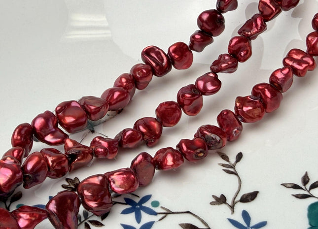 8x10-11 mm High Luster Cherry Red Keshi Nugget Freshwater Pearl Beads #P3287