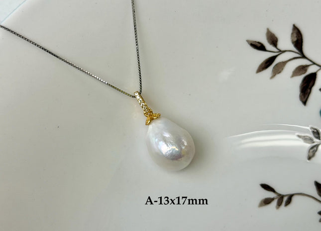 One-Of-A-Kind 12-18x16-30 mm Rare Natural White/Mauve Pink Baroque Edison Pearl With .925 Sterling Silver/Gold Pendant #PD0007
