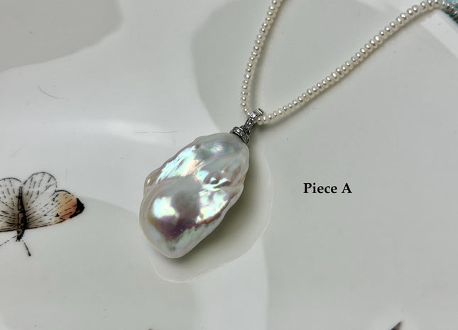 One-Of-A-Kind 13-21x26-34 mm Rare Natural White/Pink/Peacock Baroque Edison Pearl With .925 Sterling Silver/Gold Snap On Pendant #PD0008