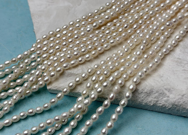 3.5-4x5 mm AAA Large Hole Rice Oval Freshwater Pearl Hole Size 1.0mm/1.2mm High Luster Natural White Small Tiny Pearl #P3313