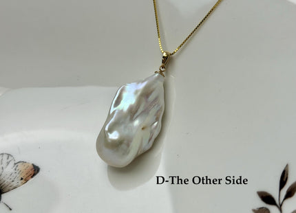 One-Of-A-Kind 15-30 mm AAA Very Rare Natural White Mauve Peacock Edison Pearl With Iridescent Gold Sheen 14K Solid Gold Pendant #PD0009