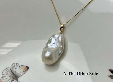 One-Of-A-Kind 15-30 mm AAA Very Rare Natural White Mauve Peacock Edison Pearl With Iridescent Gold Sheen 14K Solid Gold Pendant #PD0009